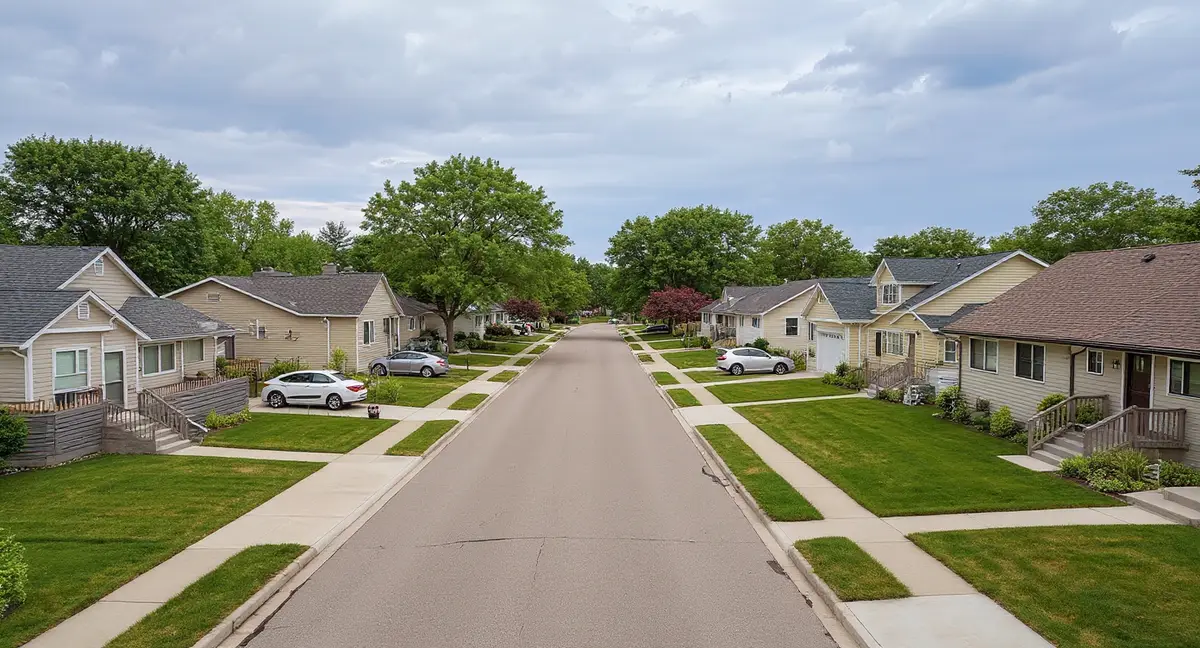 Ames residential neighborhood showing mixed university-era and modern housing in Story County, Iowa on deep loess-till deposits — deeper Des Moines Lobe glacial profile than core Polk County suburbs