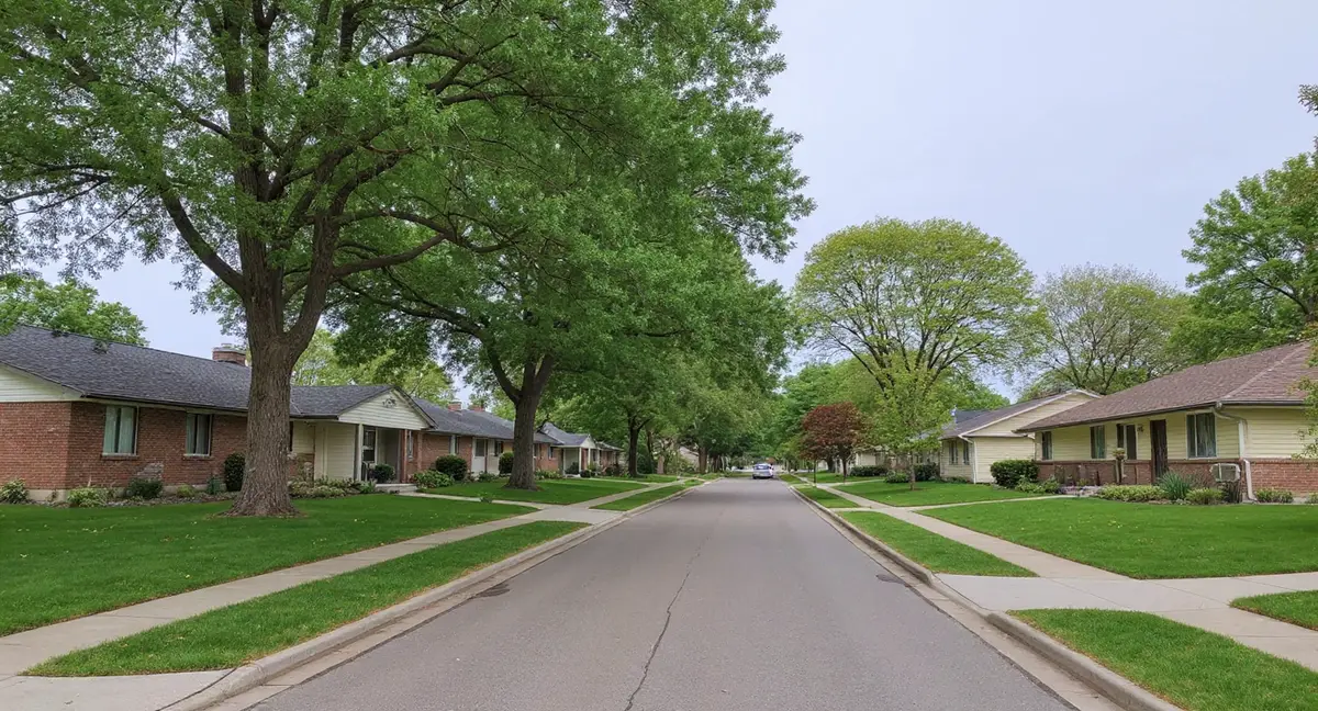 Raytown residential street showing 1940s-1960s concrete block basement homes in Jackson County, Missouri on the metro's densest Wymore-Ladoga clay — 60-80 years of cumulative shrink-swell against the most vulnerable wall type