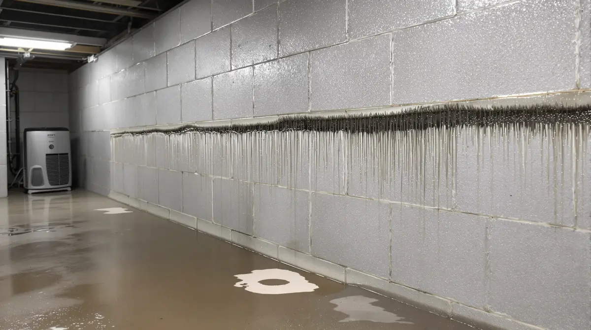 Basement wall with active water seepage through a horizontal crack
