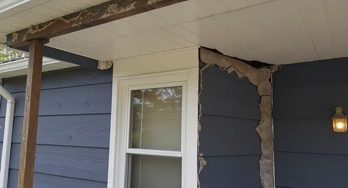 Double-hung window visibly out of square with gaps between trim and drywall, paint cracking along stress lines from foundation settlement in a Midwest residential home